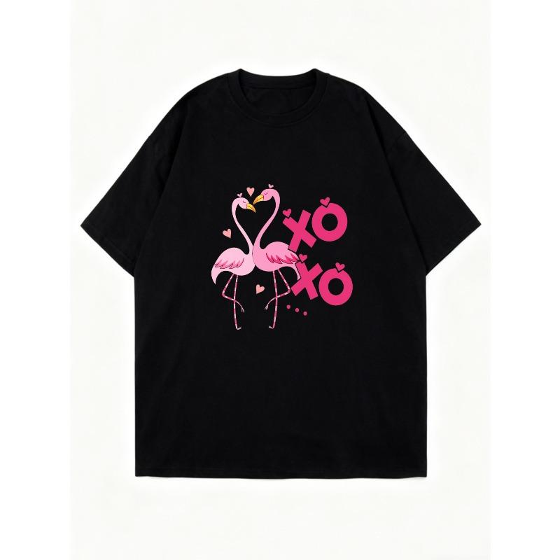 Oversized T Shirt Black Flamingo Xo Print Casual Wear