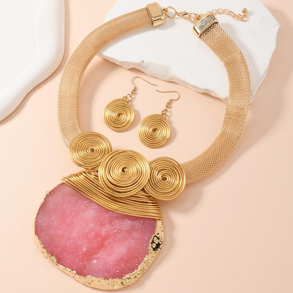 New Design Aluminum Wire Oval Resin Gems Woven Statement Necklace Earrings Jewelry Set for Women Party Accessories