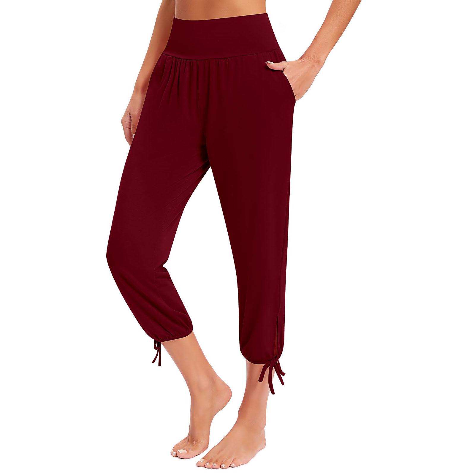 

Женские модные однотонные повседневные свободные легкие брюки для йоги 9/10 с карманами XL винный