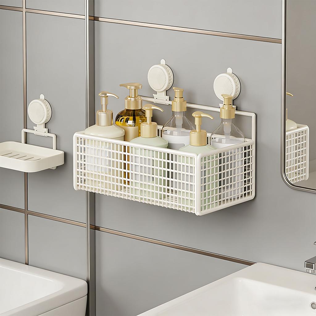 Long Permanent Metal Suction Shelf For Bathroom Counter Featuring Roomy Basket Simple Arrange 15cm Deep