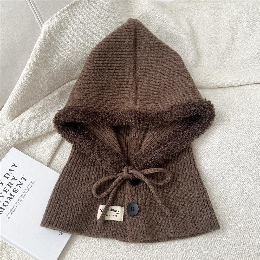 1pc Women's Drawstring Faux Collar Balaclava Hat,Outdoor Warm Knitted Face Neck Protective Hood Cape,for Winter Cold Protection