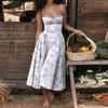 Women's Spaghetti Strap Midi Dress Solid Bustier High Waist Flared Swing Mid-Calf Sundress