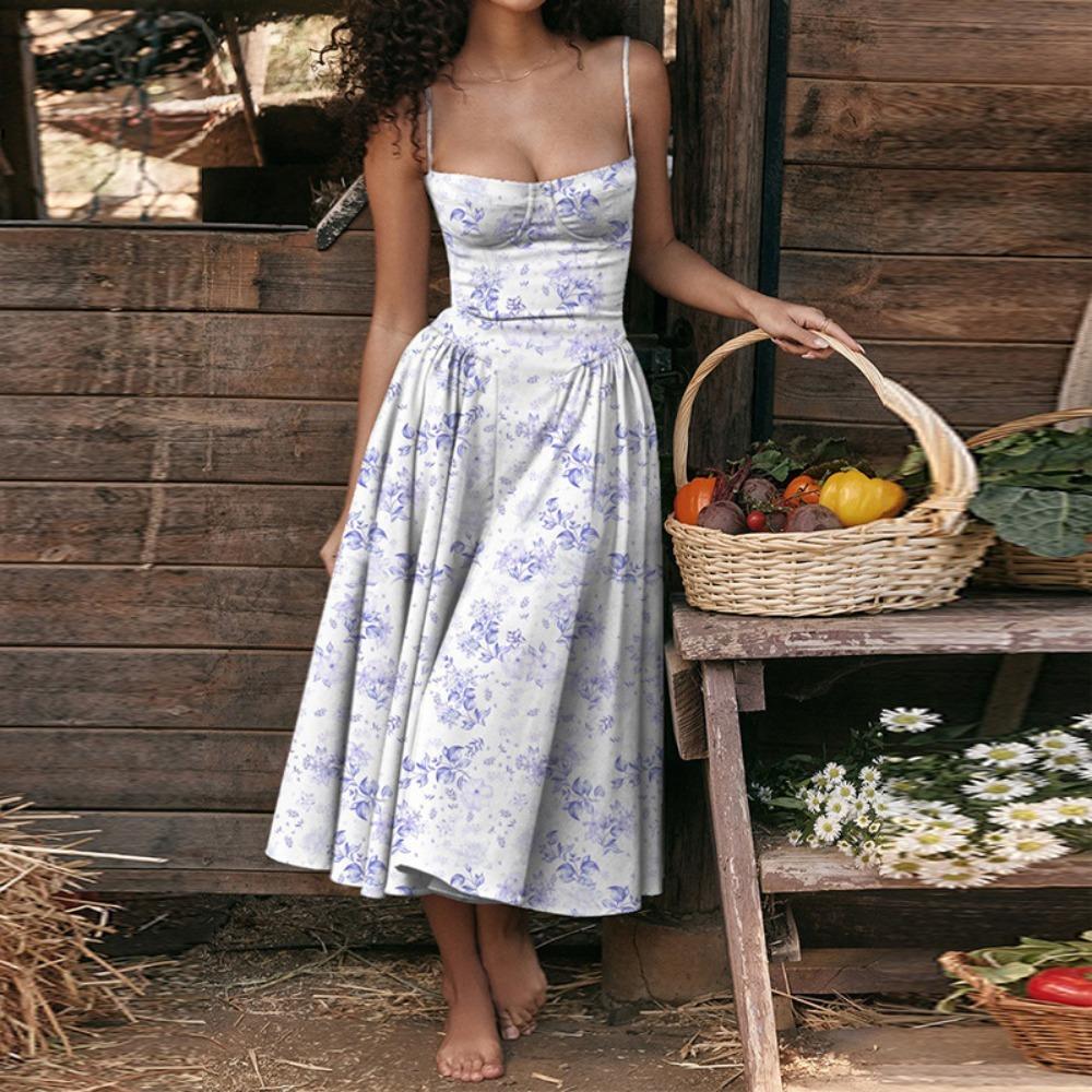 Women's Spaghetti Strap Midi Dress Solid Bustier High Waist Flared Swing Mid-Calf Sundress