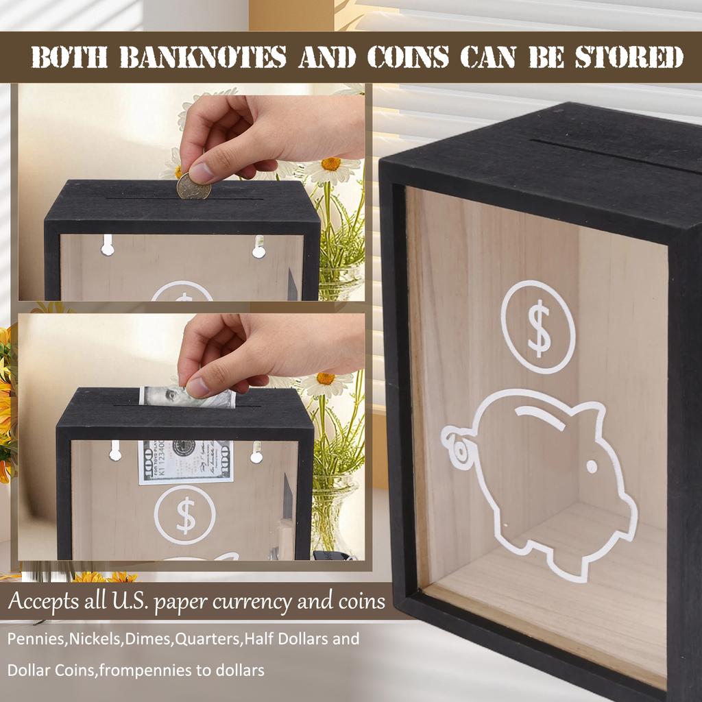 1Pc Clear Piggy Bank Wooden Money Boxes with Lock Large Money Saving Jar Cash Coin Storage Box Money Bank Box for Kid and Adults