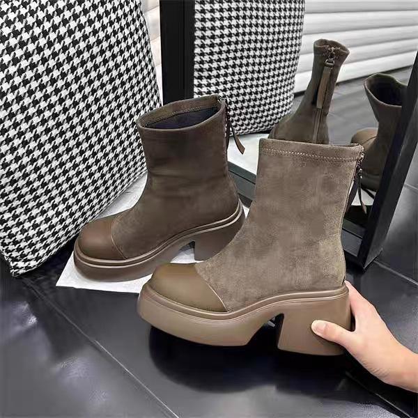 Dámské nové podzimní a zimní tenké boty na silné podrážce a silném podpatku, evropský styl, britský styl, elastické boty, zvyšující, martensky
