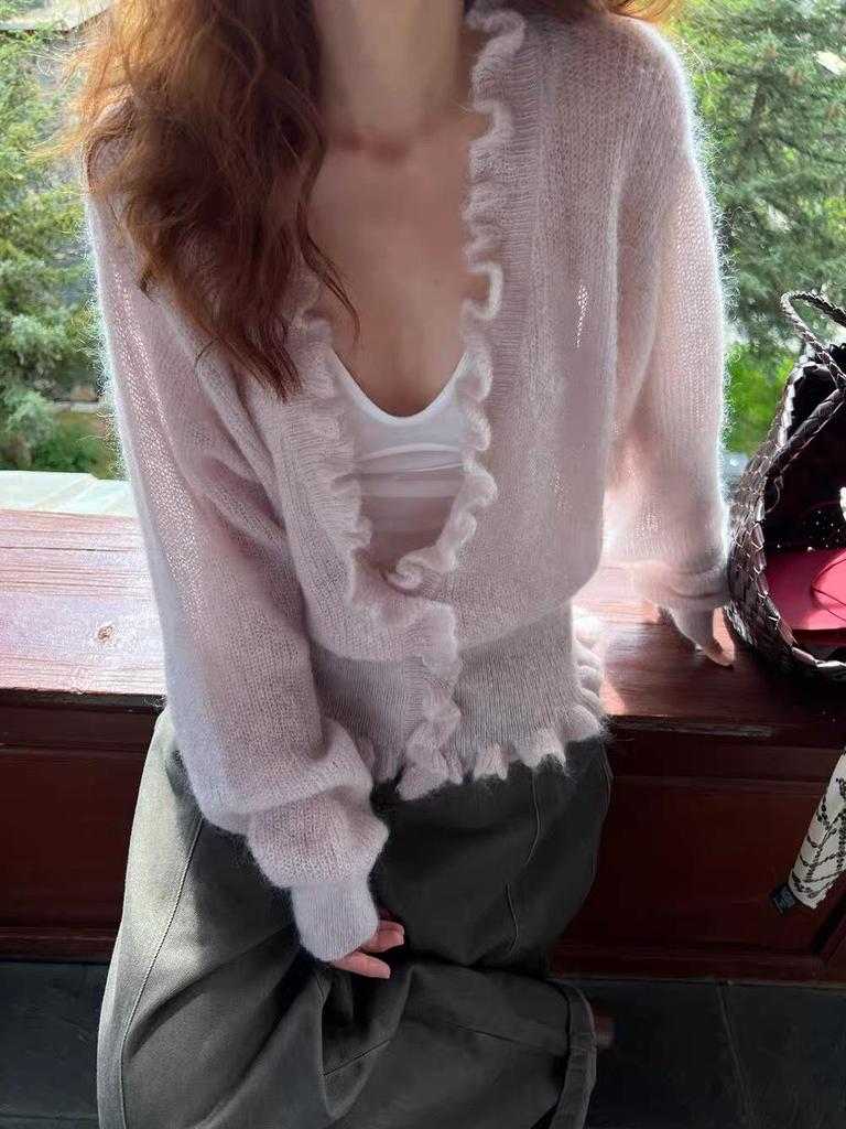 2025 Autumn/Winter Women's Korean V-neck Loose Ruffle Cardigan with Waist-cinching Slimming Knitwear