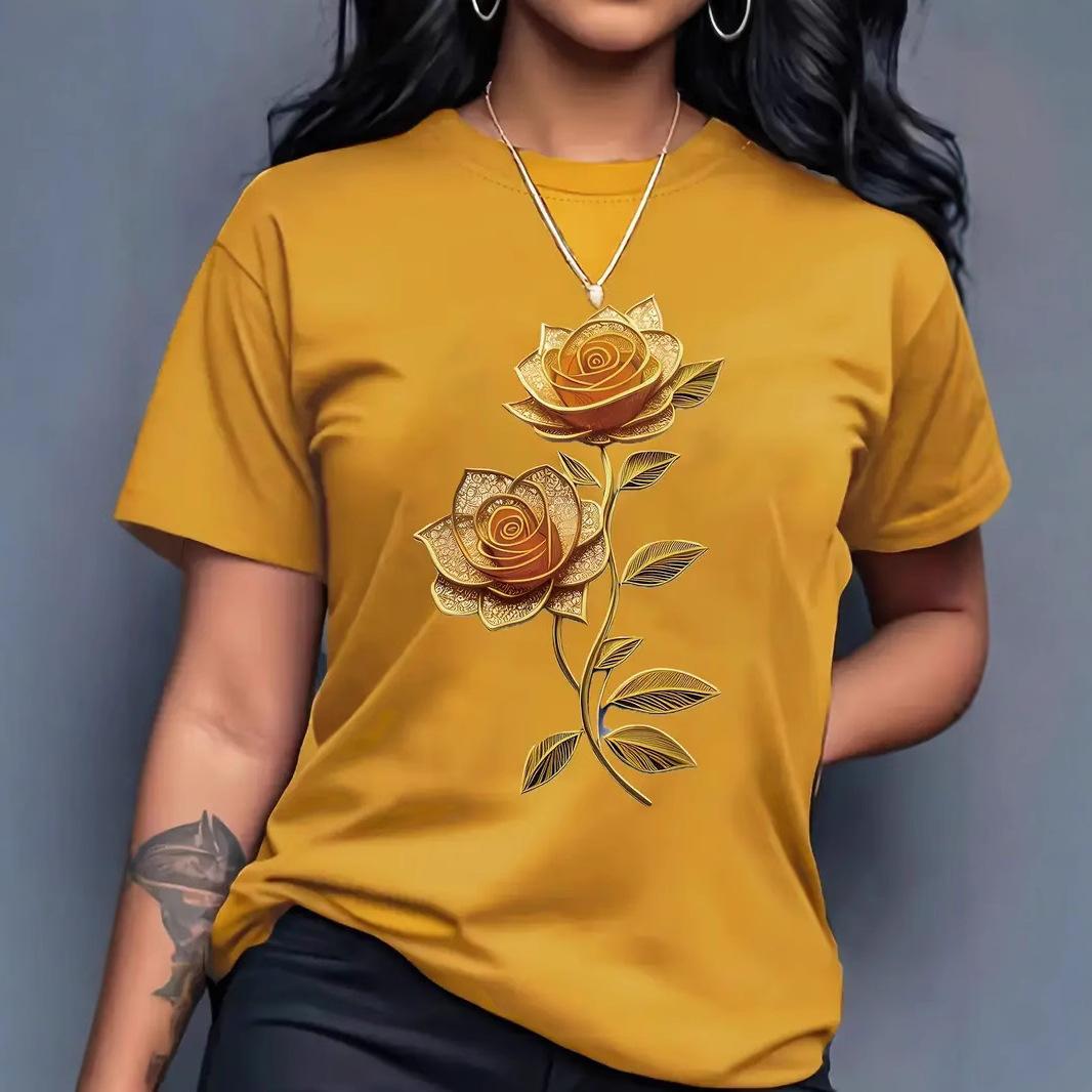 

Женская повседневная летняя футболка с 3D-принтом розы, простая и персонализированная, с круглым вырезом и короткими рукавами S