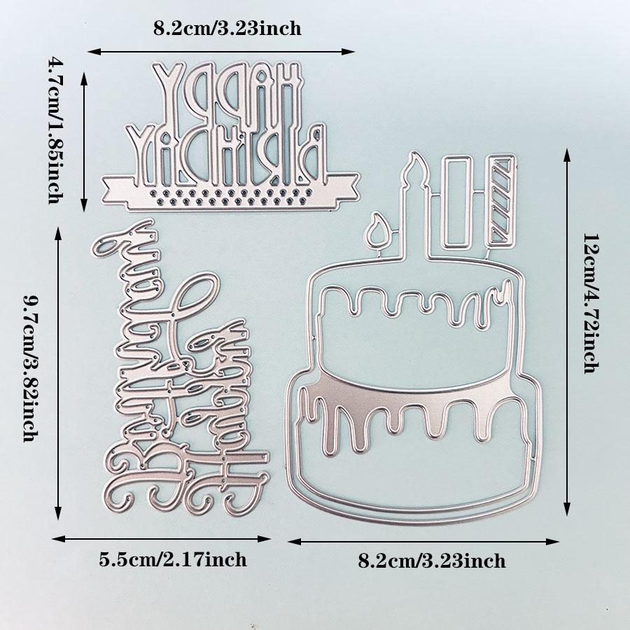 3pcs/set Happy Birthday and Cake Metal Cutting Dies Scrapbooking Stencil Die Cuts Card Embossing Photo Album Template Mold Decoration Craft