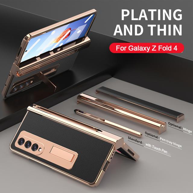 2 Pcs Hinge Capa For Samsung Z Fold 4 5g Case Plating Touch Pen Slot Front Screen Glass Stand For Galaxy Z Fold 4 Fold4 Cover