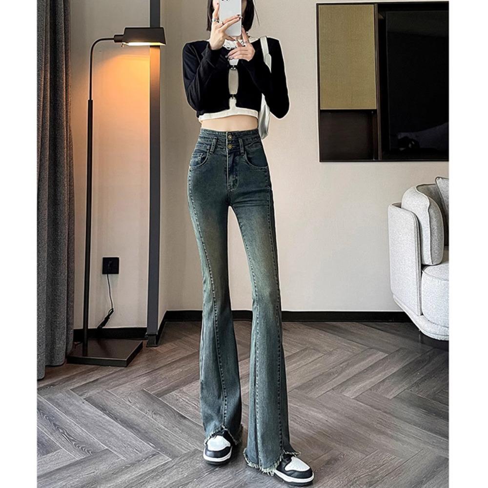 

Уличные джинсы микро-пулл на двух пуговицах весна и осень новые джинсы с необработанным краем свободные и тонкие микро-клеш подкова XL