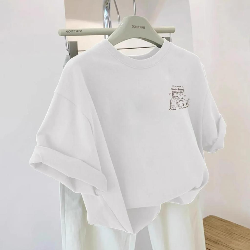 Women's Cute Cartoon Embroidered T-Shirt Rolled Short Sleeve Oversized Casual Top