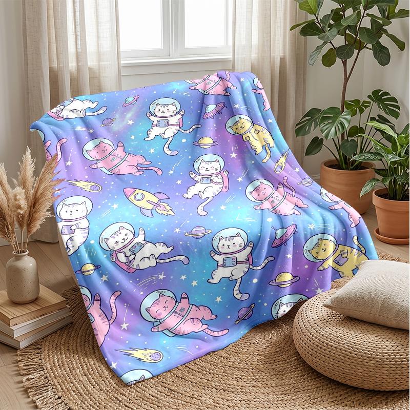 Cat Astronaut Space Journey blanket Personalized Name Flannel Blanket Soft Cozy Plush Throw for Sofa Bed Lightweight Home Decor