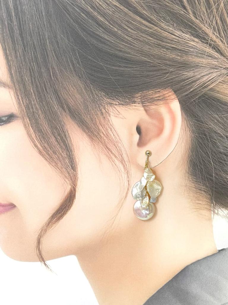 Freshwater Pearl Coin Petal Earrings with Silicone Natural Power Stone A1037 [Cherry] Cover, Stone,