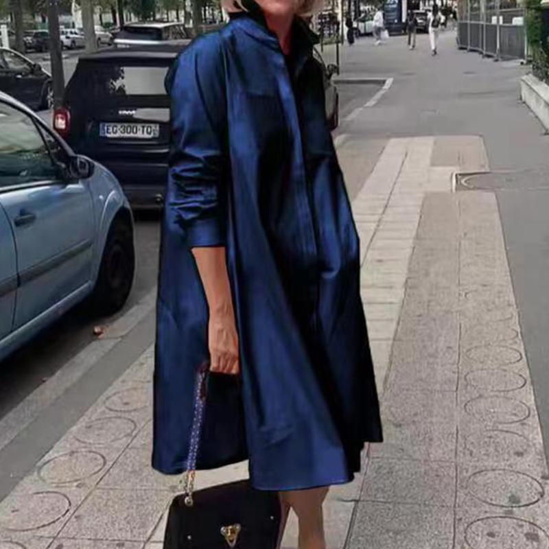 

Женская одежда в европейском и американском стиле, простые и свободные рубашки, модные платья, весенняя и летняя женская одежда с длинными рукавами XL темно-синий