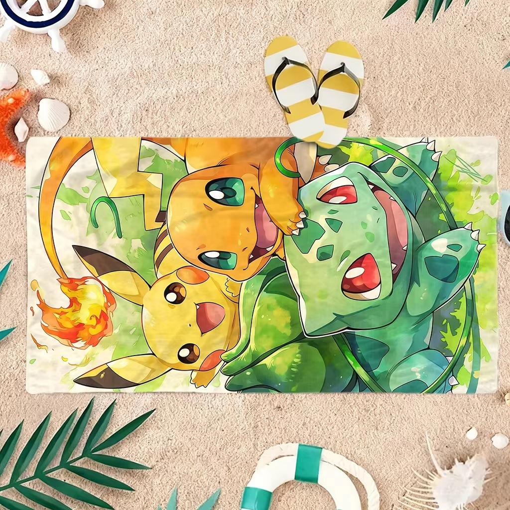 P-Pokemon Starters Anime Beach Towel, Pikachu Charmander Bulbasaur Print Quick Dry Breathable Large Size Gift for Fans Swimming