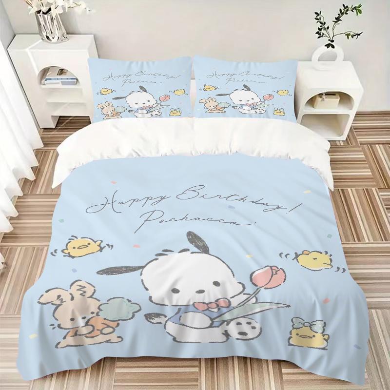 3pcs Happy Birthday Pochacco Bedding Set, Including 1 Quilt Cover and 2 Pillow Shams, Without Filling, Soft and Comfortable Home Bedroom Fab