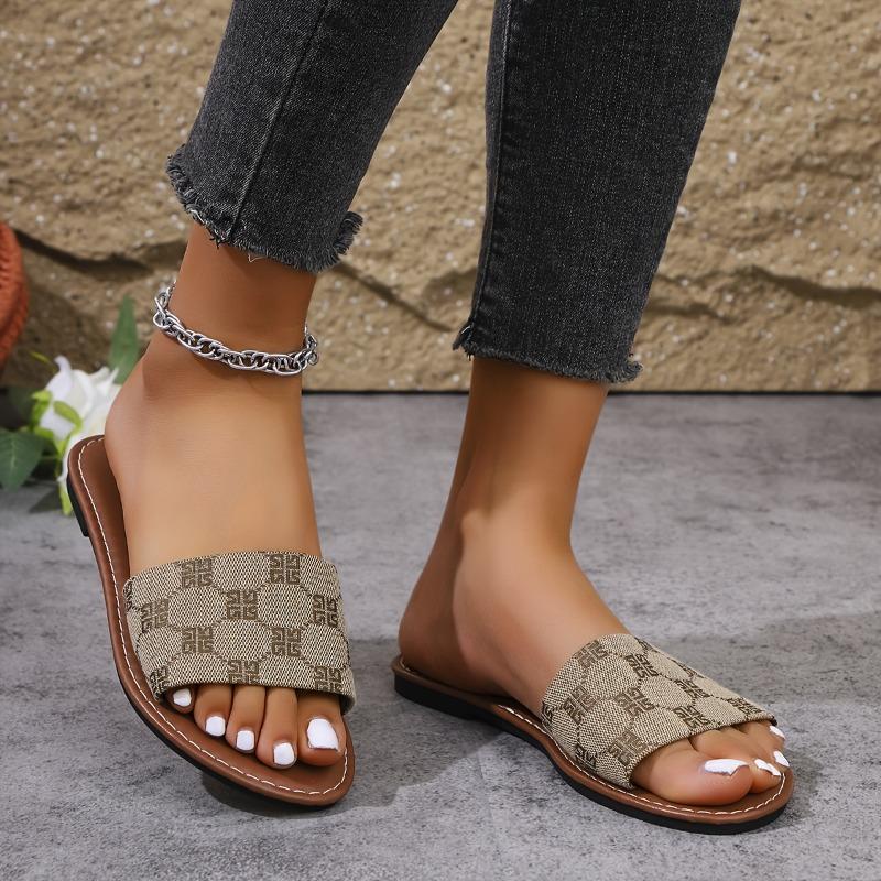 Sommer Neu Einfache und Vielseitige Damen Square Toe Flache Rutschfeste Strand-Pantoletten Monogramm Hausschuhe