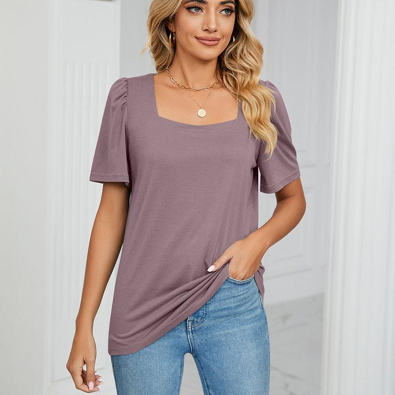 T-shirt d'été à manches courtes et col carré pour femme, couleur unie, ample