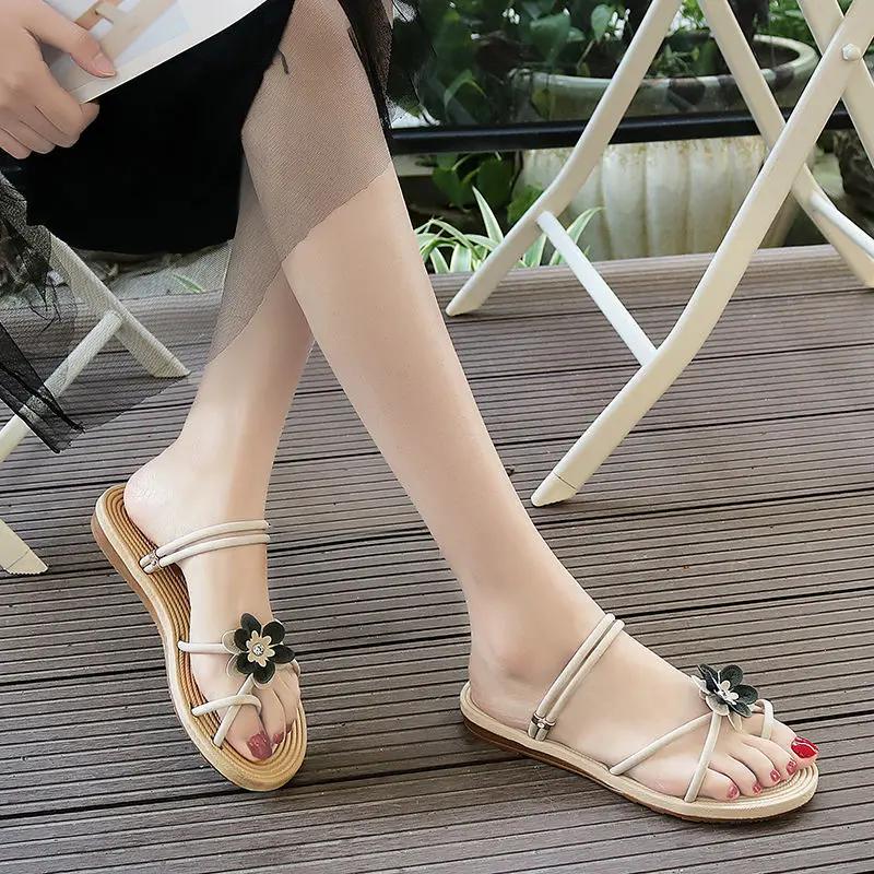 Fashion Korea Original No Heel Beach The Best Sandals for Women Asian Size 2025 Trend Anti Slip Hot Chic and Elegant Daily Woman Shoes