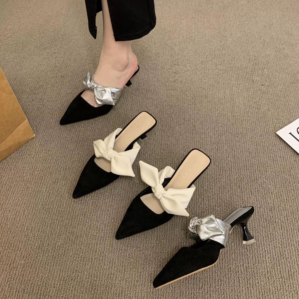 New Summer Women Pointed Toe High Heels Sandals Bowknot Flower Woman Shoes Slingback Woman Slippers