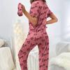 Ladies Pyjamas Dark Pink Letter Printed Short Sleeved T-shirt and Pants Sleepwear With2Pieces Casual Home Wear