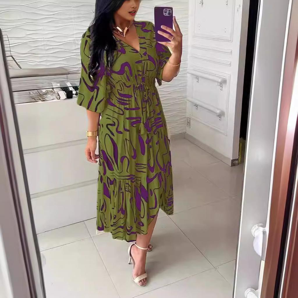 Böhmisches Damen Print Midi Kleid V-Ausschnitt Halber Ärmel Hohe Elastische Taille A-Linien Kleid Damenmode Lässiges Robe Vestido