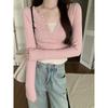 Pink age-reducing collar fake two-piece long-sleeved shirt women's bottoming shirt spring sweet and spicy slim-fitting short top