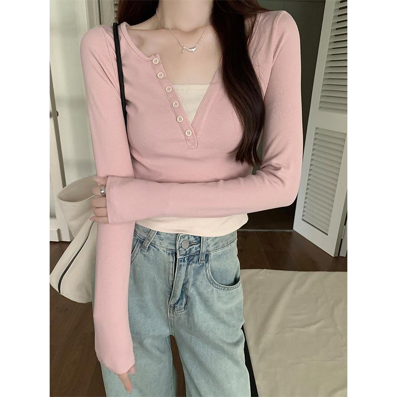 Pink age-reducing collar fake two-piece long-sleeved shirt women's bottoming shirt spring sweet and spicy slim-fitting short top