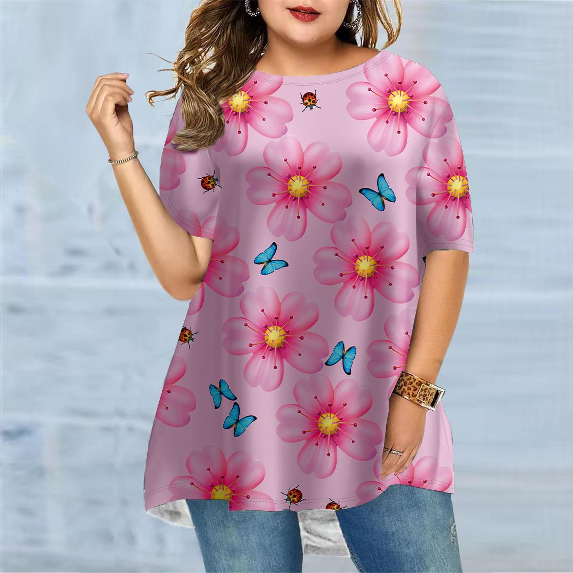 Женская летняя удобная футболка с короткими рукавами и круглым вырезом больших размеров — фото 3