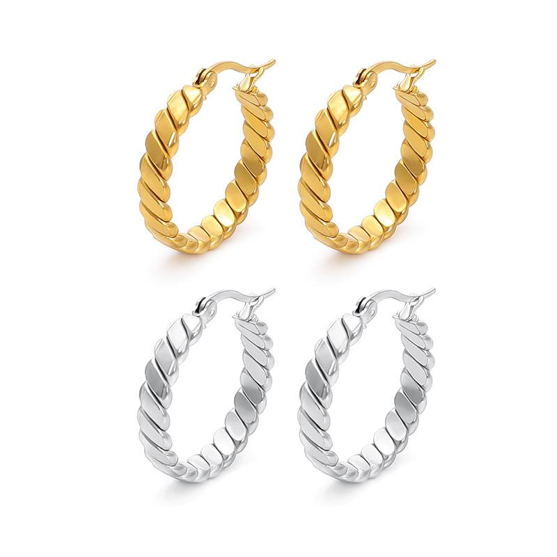 Titanium Steel K Furnace Real Gold Electroplating Thick Round Twist Circle Earrings Light Luxury Personality Temperament Versatile Ear Buckle Earrings