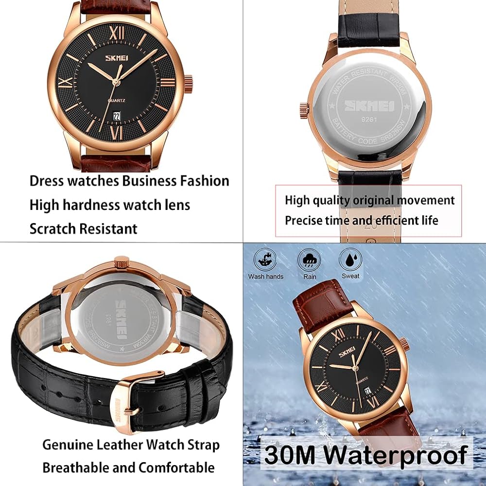 Classic Men's Analog Watch Brown Leather Band Waterproof Business Style