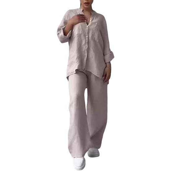 2Pcs/Set Women Shirt Pants Set Solid Color Long Sleeves Single-breasted V Neck Blouse Elastic Waist Loose Wide Leg Trousers Casual Commute Clothes
