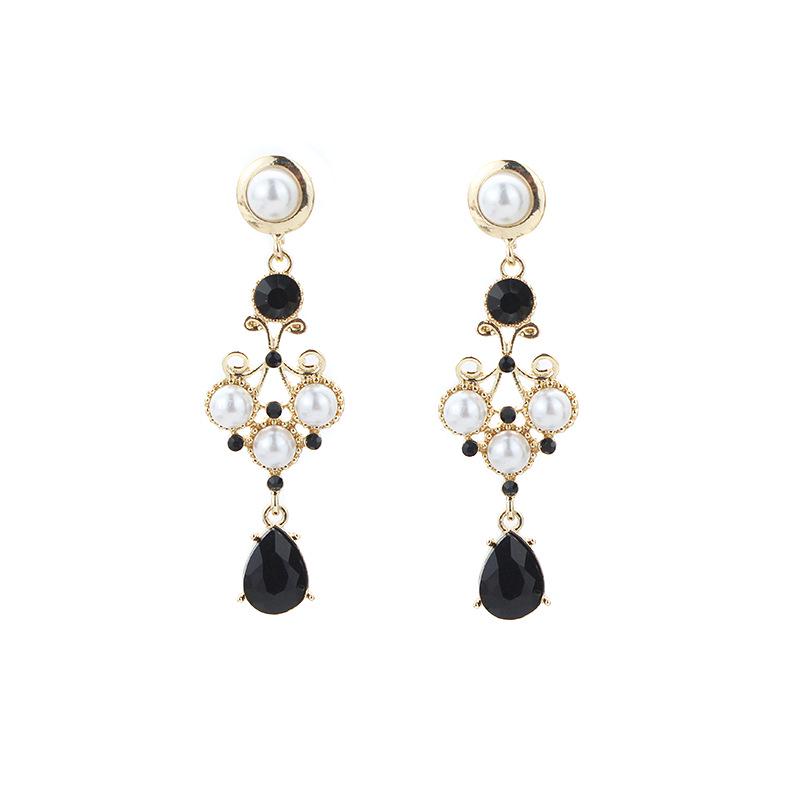 Black Stud Mandala Baroque Chic Pearl Teardrop Diamond Earrings
