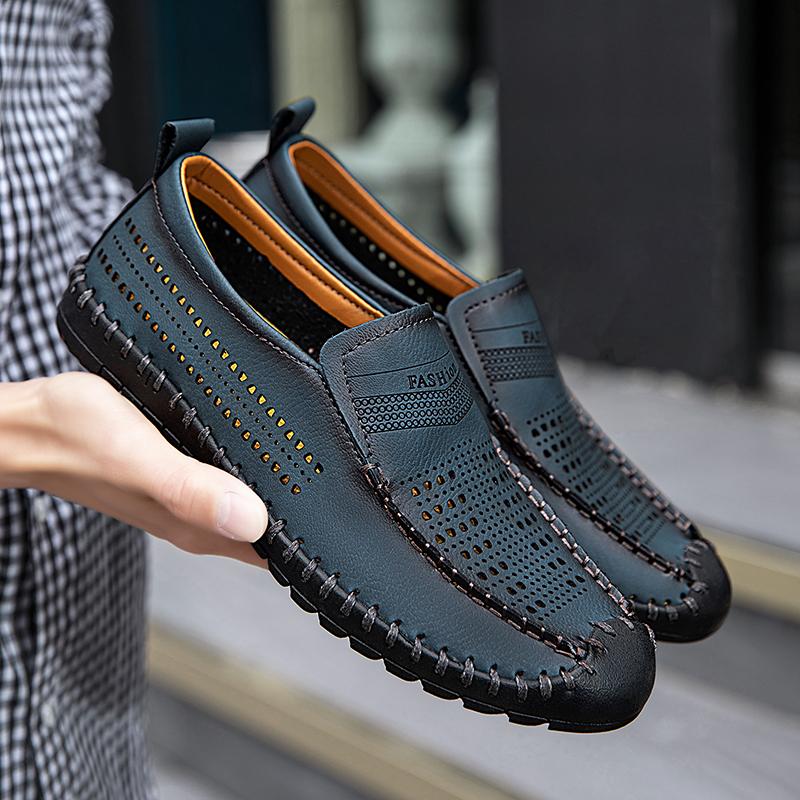 Men Loafers Brown Hiking Shoes Slip On Handmade Driving Shoes Casual Leather Wide Outdoor Summer Shoes for Father Plus Size