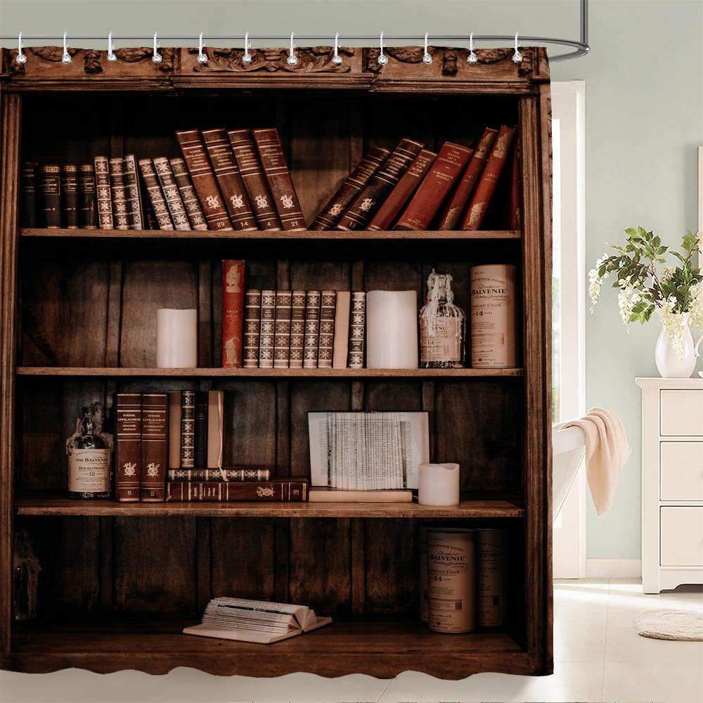 Tenda da Doccia Stampata a Forma di Libreria in Stile Retrò, Tenda da Bagno in Tessuto Poliestere, Tende per la Decorazione della Casa con Ganci