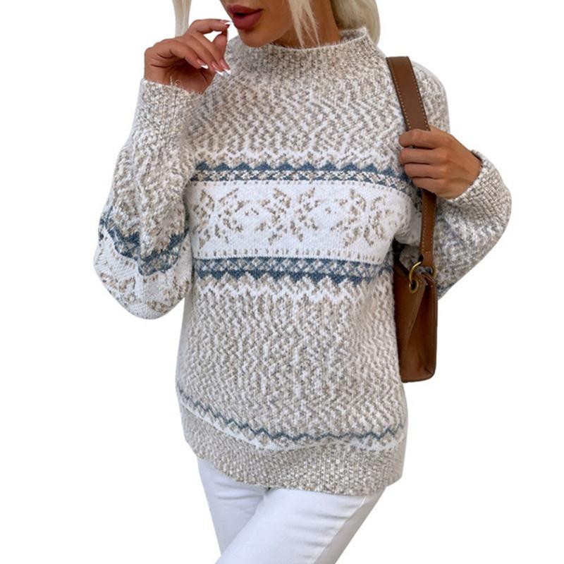 Damen Pullover mit Schneeflockenmuster, hochgeschlossen, Strickwaren Top