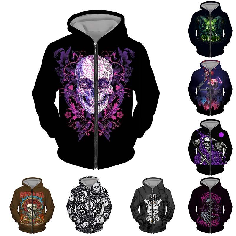 Men Women 3D Skull Pattern Print Novelty Zipper Hoodies Athletic Casual ...