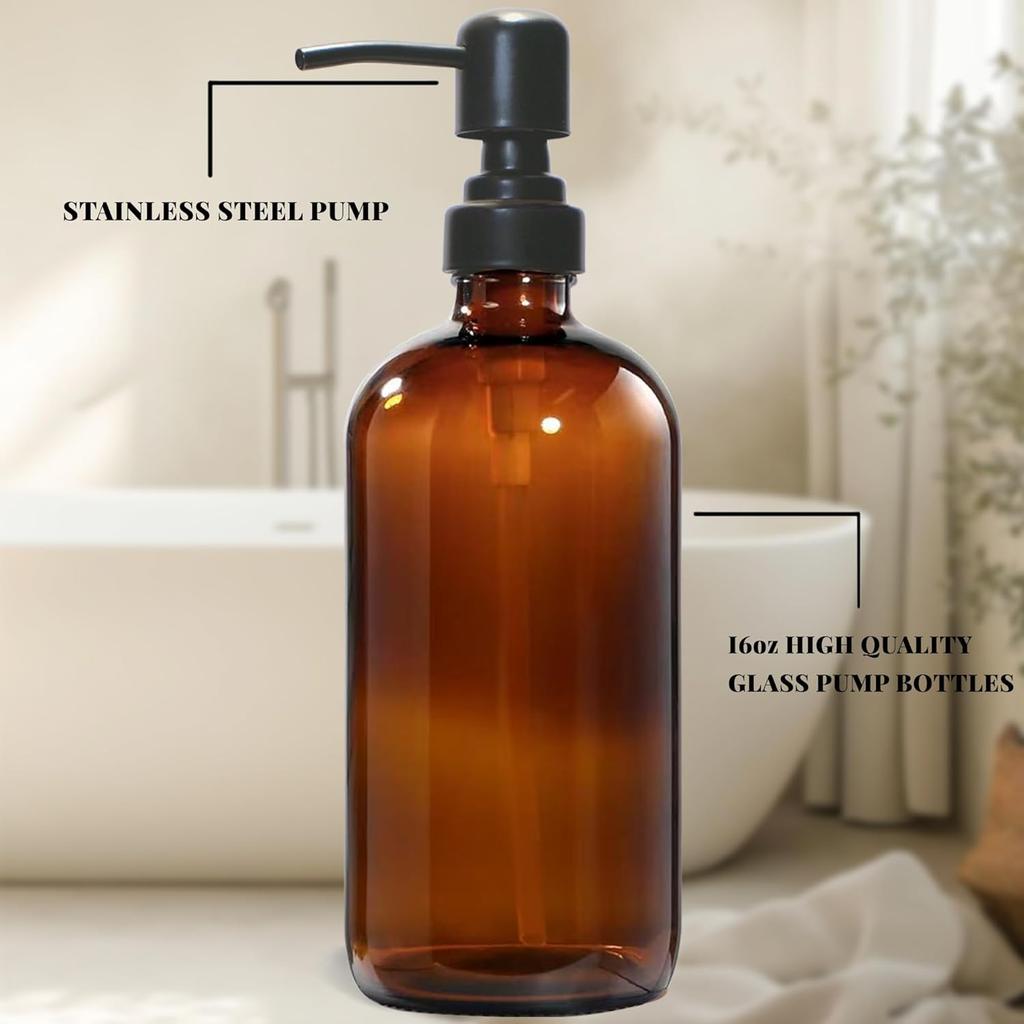 Amber Glass Soap Dispenser, 2 Pack Hand Soap Dispenser with Stainless Steel Pump for Bathroom and Kitchen, 16 oz, Premium Glass Pump Bottles