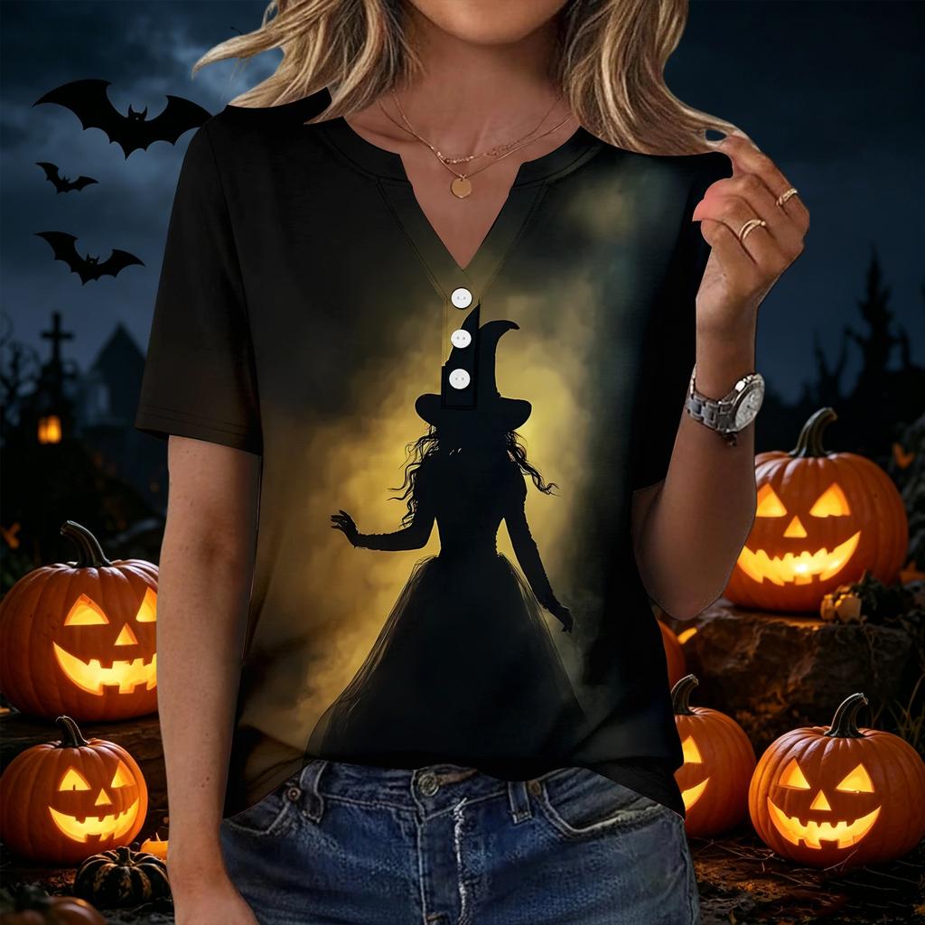 Women's Fashion Casual Halloween Print V Neck Short Sleeve Button T Shirt Top Suitable for Everyday Wear and Seasonal Events