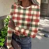 Top Casual de Mujer con Estampado de Cuadros, Cuello Redondo, Manga Larga y Canalé para el Uso Diario y el Trabajo
