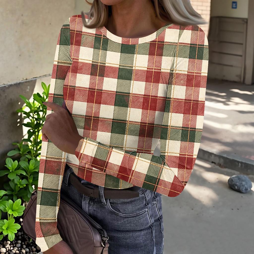 Top Casual de Mujer con Estampado de Cuadros, Cuello Redondo, Manga Larga y Canalé para el Uso Diario y el Trabajo