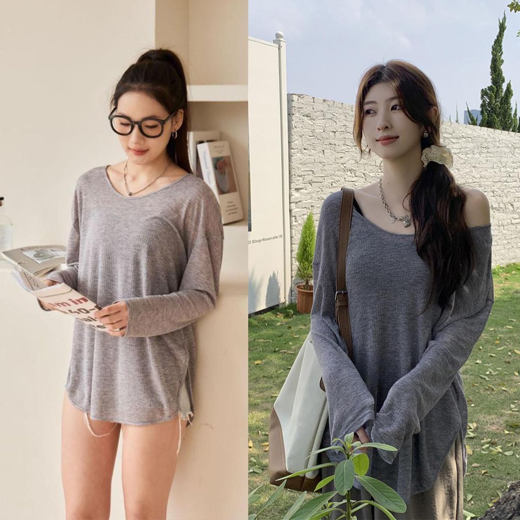 Ekieta Sheer Sun Loose Pullover Layering Long Fall Women's Blouse, Protection, Fit, Top, T-Shirt, Lightweight, Casual, Sleeve, Oversized, See-Through