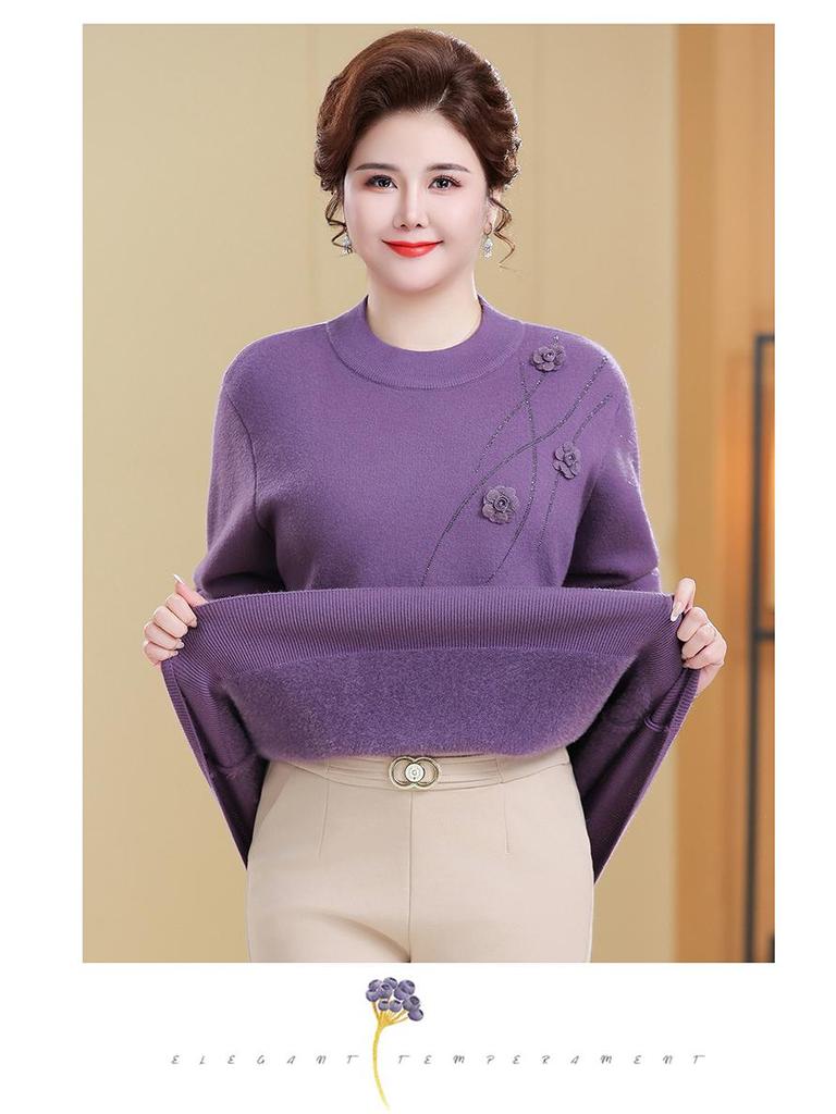 Knitted Fleece-Lined Sweater for Middle-Aged and Elderly Women - Plus Size, Autumn/Winter