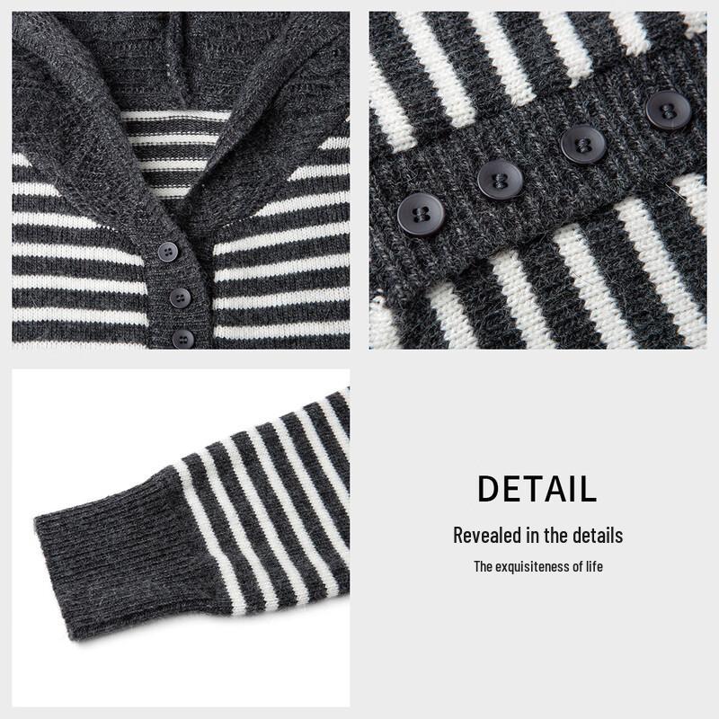Han Du Yi She Wool Blend Crochet Hooded Striped Sweater