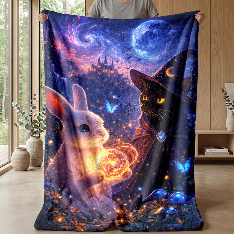 Magical Night with Rabbit and Cat Theme Blanket Lightweight Warm Flannel Blanket Decorative Throw Blanket for Home Decoration
