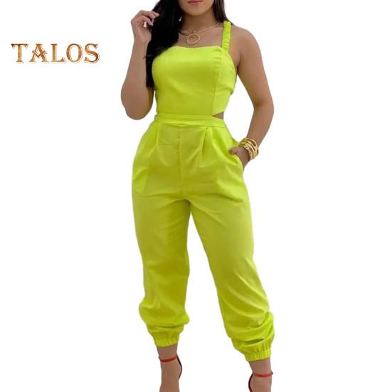 Women Jumpsuit Sleeveless Color Matching Printed Lace-up Bow Cross Back Pockets Ankle-banded Backless High Waist Lady Commute Party