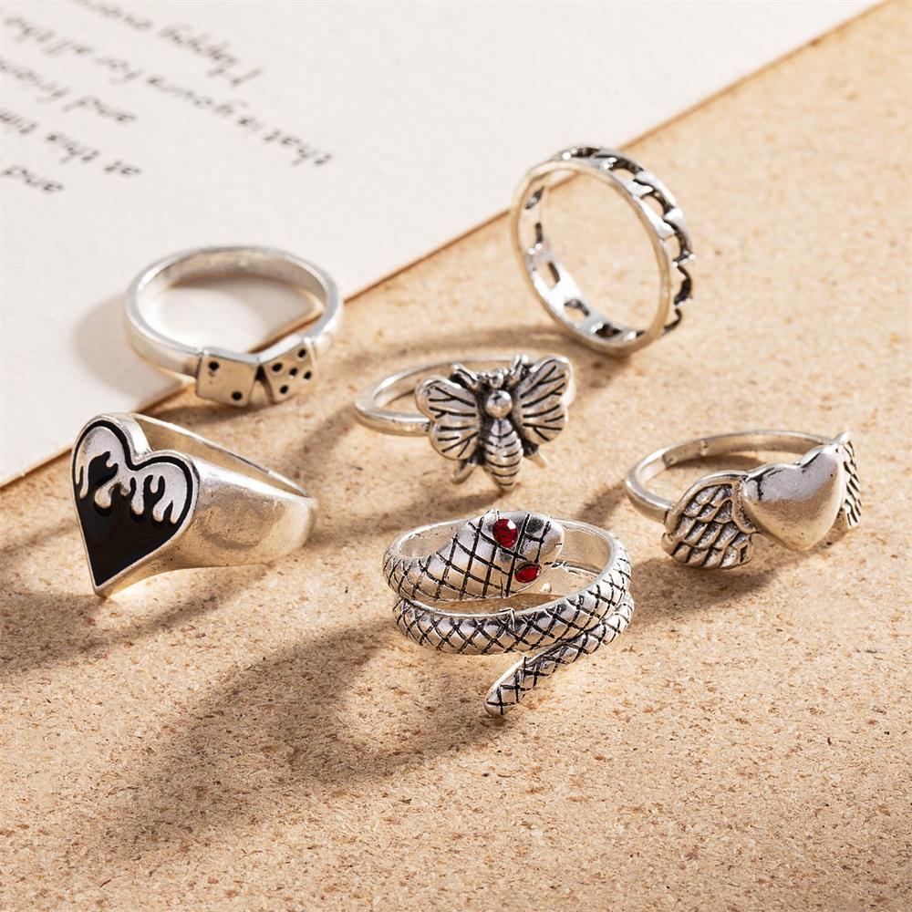 Elegant and Versatile Fashion Retro Snake Love Ring 6 Piece Set Snake-shaped Simple Ring Ring Popular Female Jewelry