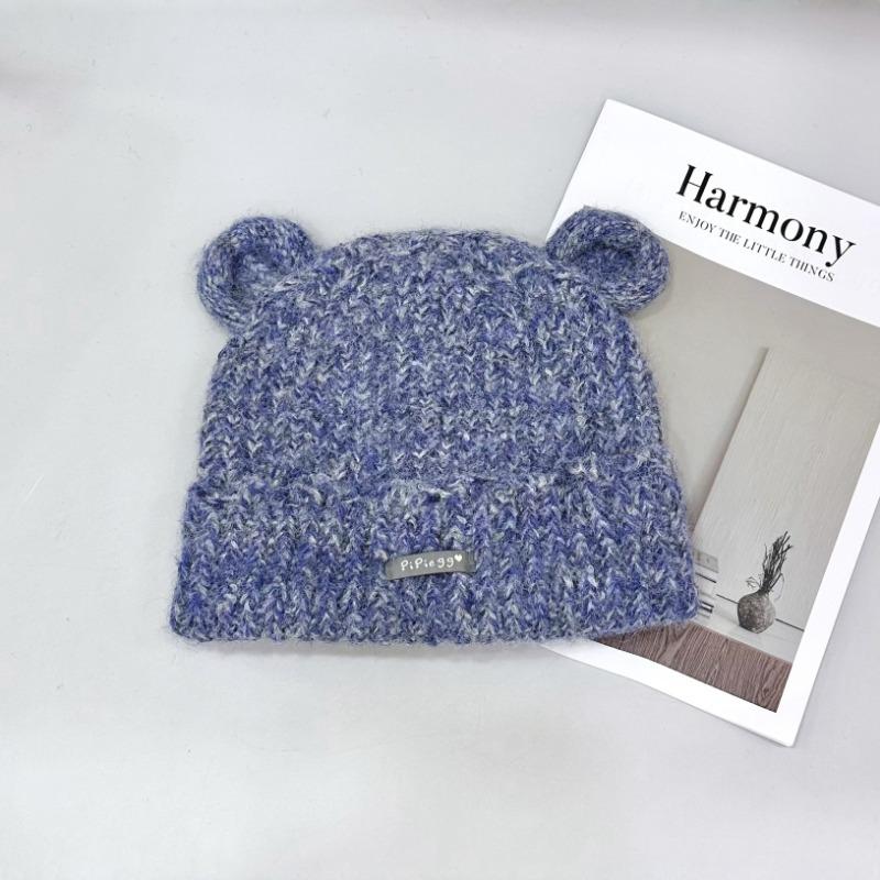 25 early autumn new cute ears plush hat women's intercolored fluffy autumn warm ear protection knitted hat