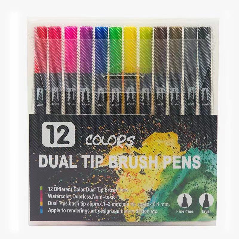 Dual-Tip Watercolor Pen Set: Water-Based Soft-Tip Markers & Fine Liner Drawing Pens for Students