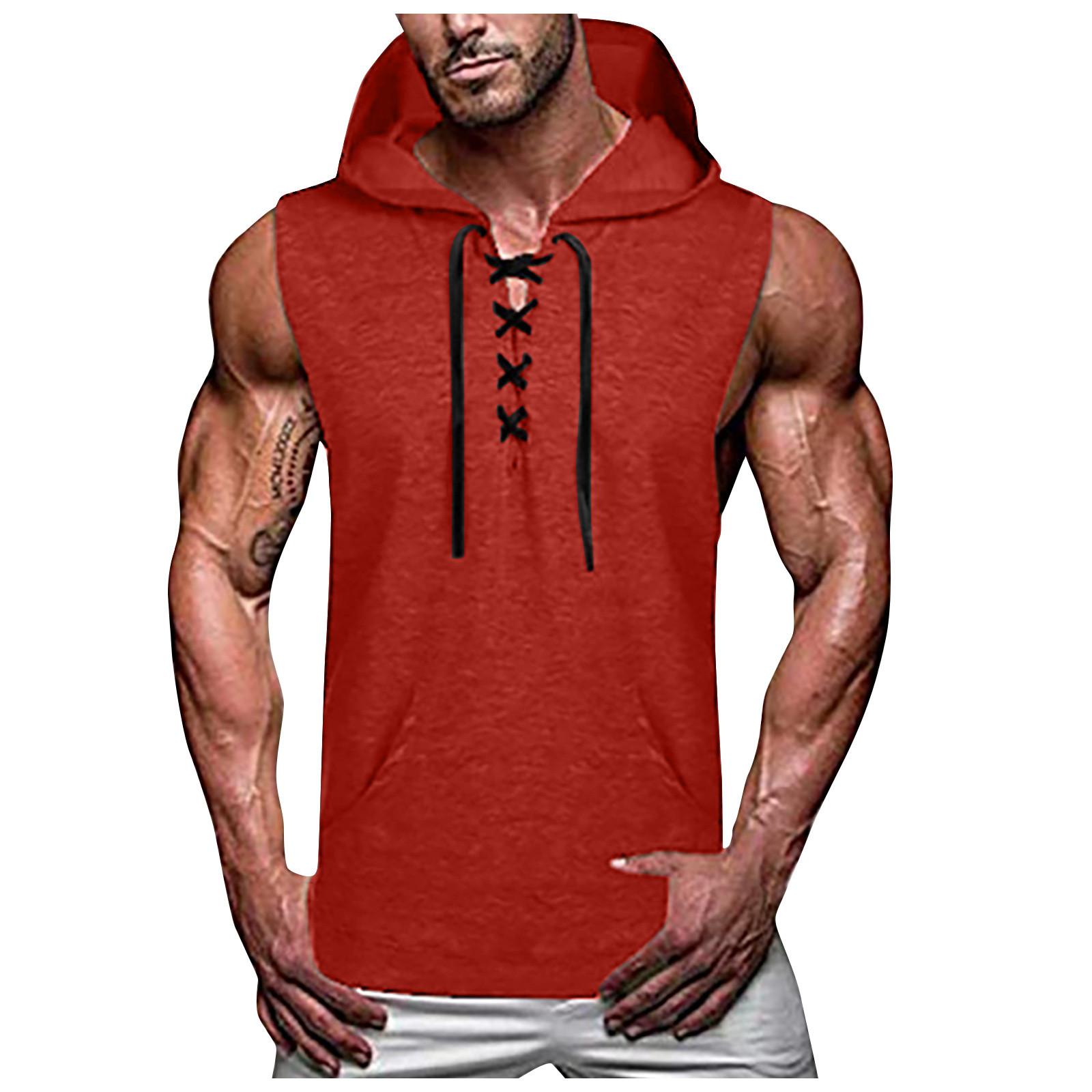 

Мужская повседневная однотонная спортивная футболка с капюшоном для фитнеса, повседневная футболка без рукавов, жилет XXXL красный